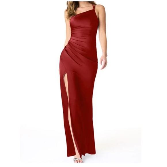 Azazie Eren Pomegranate Mermaid One Shoulder Stretch Satin Dress Sz C Bridesmaid - Picture 1 of 9
